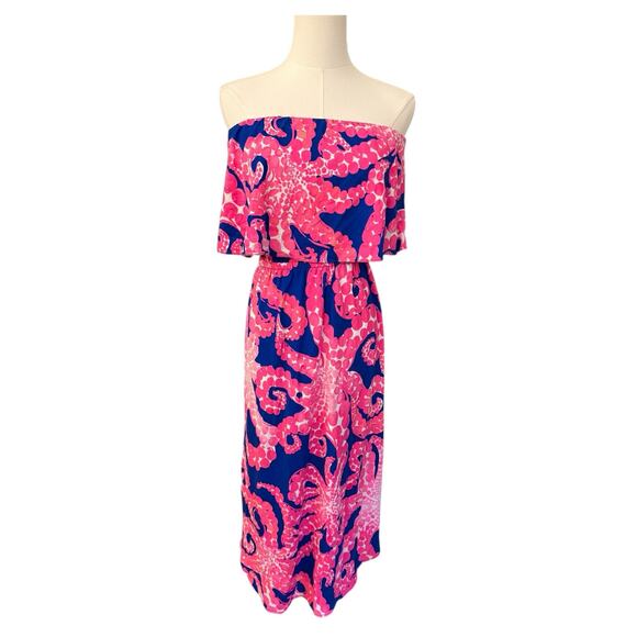 Lilly Pulitzer Strapless Mocean Octopus Long Dress Sz. Small Pink Navy - Picture 2 of 9